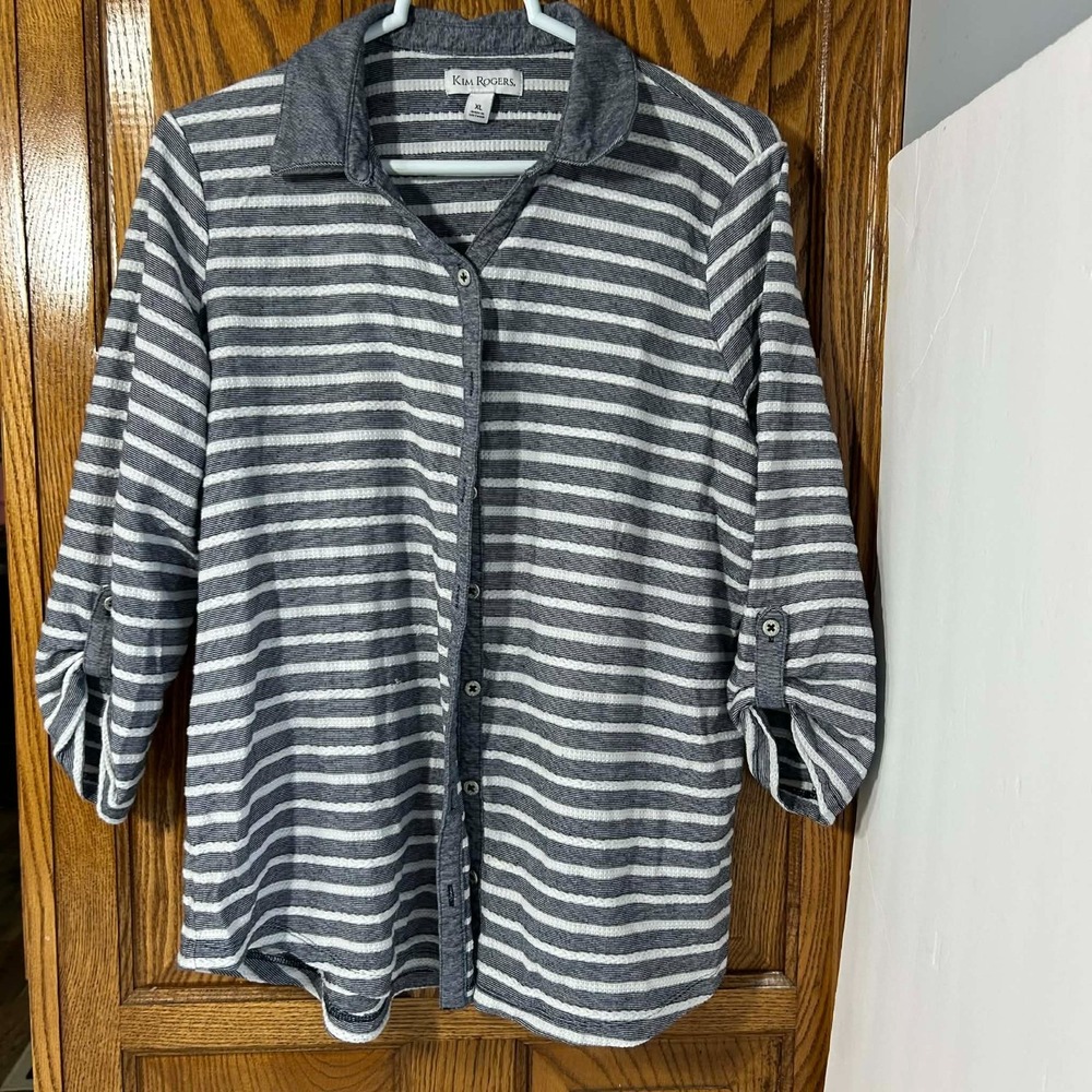 Kim Rogers Button Down Striped‎ Roll Tab Sleeve Top Size XL